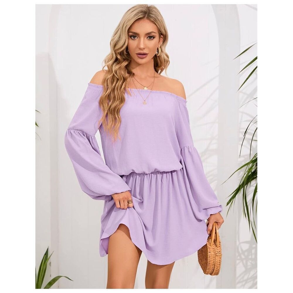 NWOT Womens Kojooin Lilac Off Shoulder Lantern Swing Mini Dress - Sz L